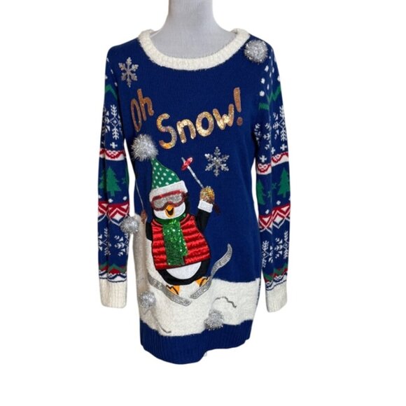 Ugly Christmas Fuzzy Tunic Sweater Size M Penguin Blue Pullover Winter Ski Poms - Picture 12 of 12